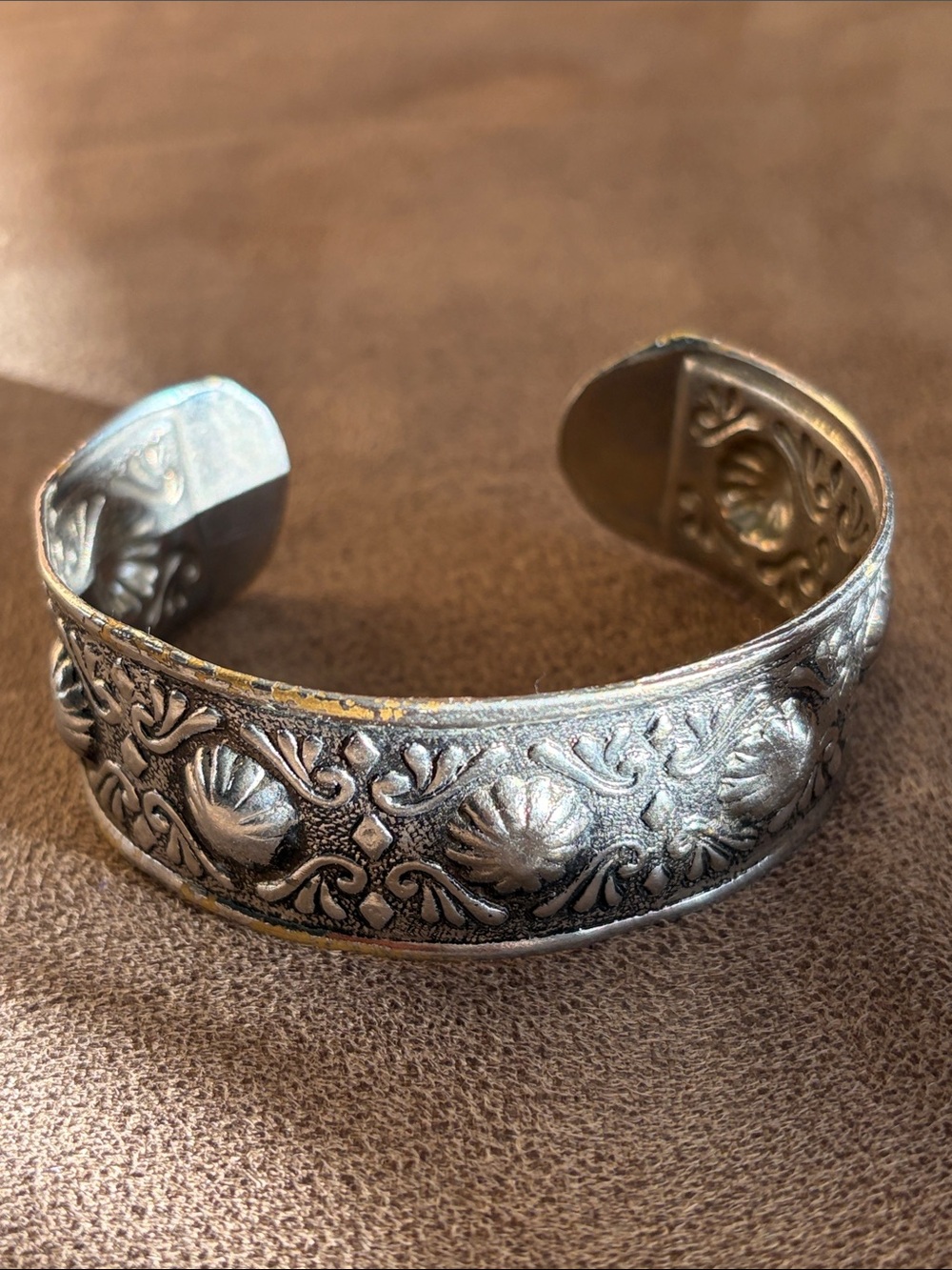 Intricate Silver-Tone Embossed Cuff Bracelet